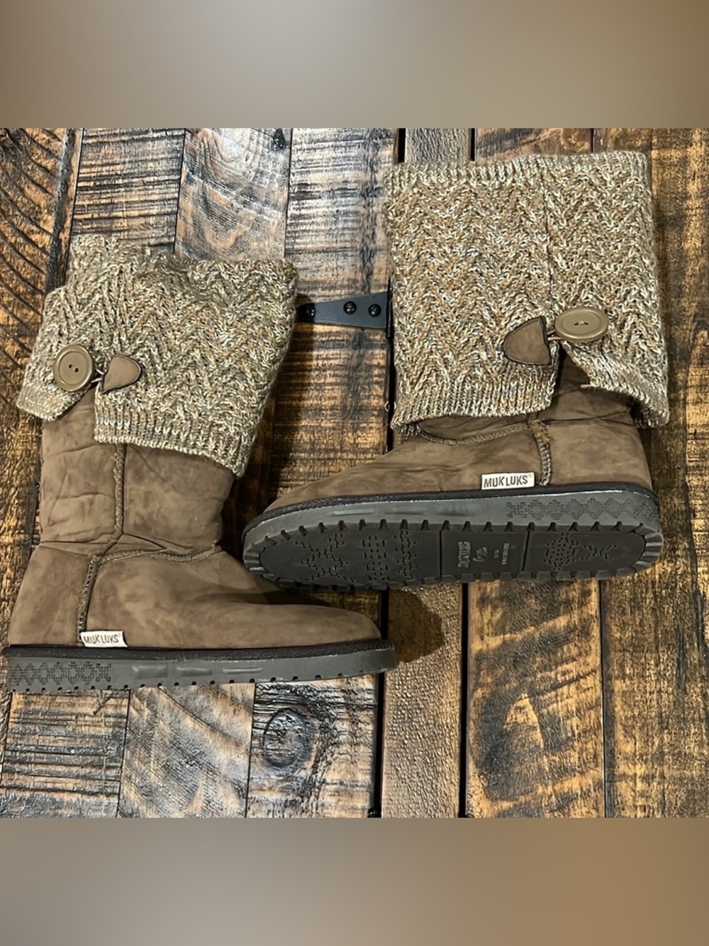 Muk Luks Tan Knit Cuff Boots with Button Detail